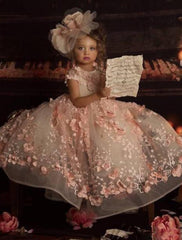 Ball Gown Tulle Little Girl Floral Dresses with Applique