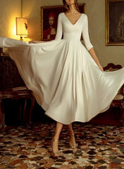 A-Line/Princess V-Neck Tea-Length Wedding Dress