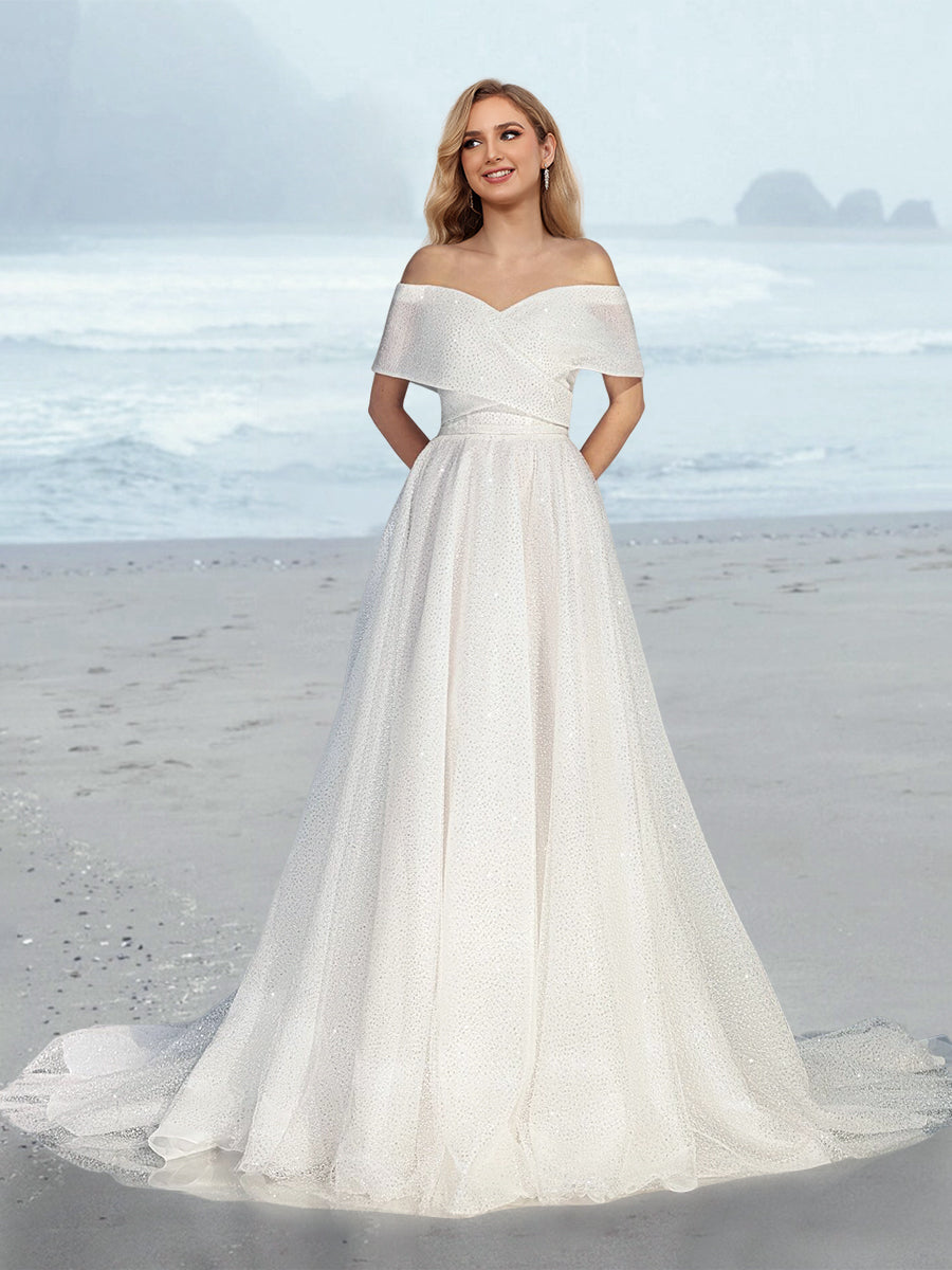 A-Line/Princess Off-the-Shoulder Floor-Length Wedding Dress