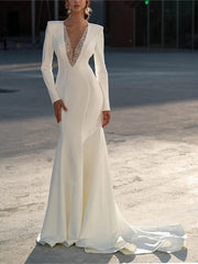 Mermaid/Trumpet V-Neck Long Sleeves Floor-Length Wedding Dresses with Beading