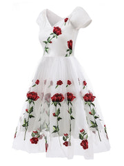 A-Line/Princess Off-the-Shoulder Knee Length Short Sleeves Party Dresses with Embroidery Appliques