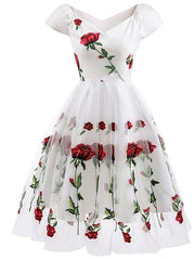 A-Line/Princess Off-the-Shoulder Knee Length Short Sleeves Party Dresses with Embroidery Appliques