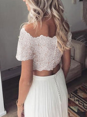 A-Line/Princess Beach Wedding Dress Off-the-Shoulder Short Sleeves with Pleats