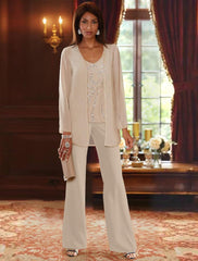 Chiffon V-Neck 3 Pieces Mother of the Bride Pantsuits with Jacket & Sequins