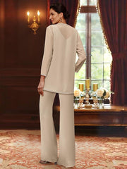 Chiffon V-Neck 3 Pieces Mother of the Bride Pantsuits with Jacket & Sequins