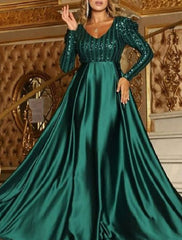 A-Line/Princess V-Neck Long sleeves Prom Evening Dresses with Sequins