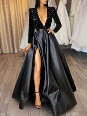 A-Line/Princess V-Neck Long Prom Dresses With Split Side & Sequins