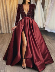 A-Line/Princess V-Neck Long Prom Dresses With Split Side & Sequins