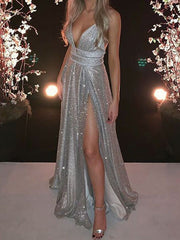 A-Line/Princess V-Neck Long Prom Dresses With Sequins & Split Side