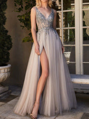 A-Line/Princess V-Neck Long Dresses With Sequins & Split Side