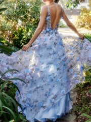 A-Line/Princess V-Neck Sleeveless Long Prom Dresses With Split Side