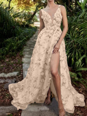 A-Line/Princess V-Neck Sleeveless Long Prom Dresses With Split Side