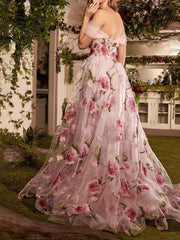 A-Line/Princess Off-the-Shoulder Long Prom Floral Dresses With Split Side