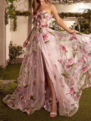 A-Line/Princess Strapless Long Prom Floral Dresses With Split Side