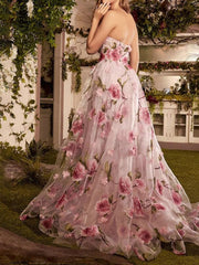 A-Line/Princess Strapless Long Prom Floral Dresses With Split Side