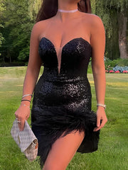 Sheath/Column Strapless Party Dresses with Sequins & Feather