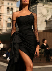 Sheath/Column One-Shoulder Floor-length Long Prom Dresses With Split Side