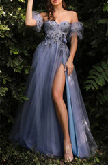 A-Line/Princess Sweetheart Short Sleeves Floor-length Long Floral Prom Dresses With Split Side