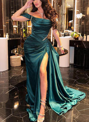 Sheath/Column Spaghetti Straps Sleeveless Floor-Length Long Prom Dresses with Split Side Beading