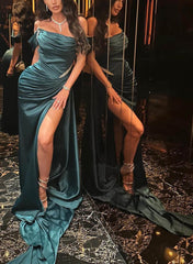 Sheath/Column Spaghetti Straps Sleeveless Floor-Length Long Prom Dresses with Split Side Beading