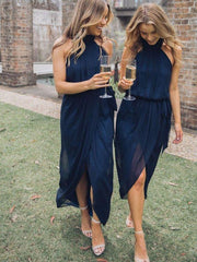 Sheath/Column Ruffles Halter Sleeveless Ankle-Length Tulle Bridesmaid Dresses for Women