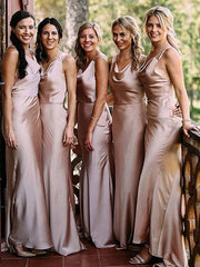 Sheath/Column Sleeveless V-neck Long Silk like Satin Bridesmaid Dresses for Women
