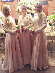 A-Line/Princess V-neck Long Sleeves Long Lace Chiffon Bridesmaid Dresses for Women