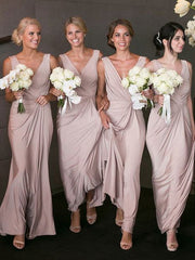 A-Line/Princess V-neck Sleeveless Long With Ruched Jersey Bridesmaid Dresses for Women