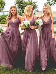 A-Line/Princess Spaghetti Straps Sleeveless Long With Ruffles Tulle Bridesmaid Dresses for Women