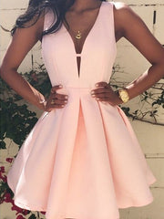 A-Line V-Neck Sleeveless Ruched Satin Homecoming Dresses