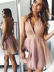 A-Line Tulle Ruched Halter Sleeveless Homecoming Dresses
