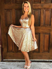 A-Line V-Neck Sleeveless Sequins Two Pieces Homecoming Dresses