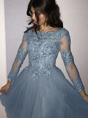 A-Line Scoop Long Sleeves Appliques Tulle Homecoming Dresses