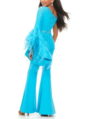 One-Shoulder Party Girls Jumpsuits with Sequins & Feather