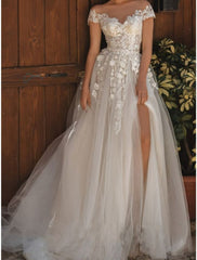 A-Line/Princess Off-the-Shoulder Floor-length Lace Wedding Dress