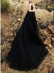 A-Line/Princess V-Neck Court Train Black Wedding Dress