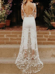 Long Sleeves Scoop Wedding Pant Suit Styles with Flower